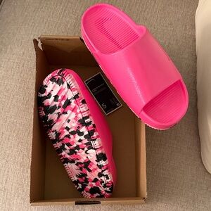 Nike Hot Pink Slide Sandals with Black & White Patterned Sole